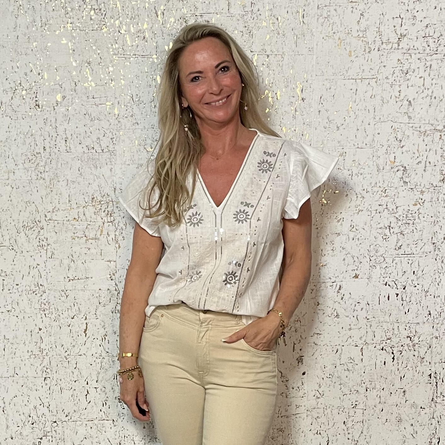 Top Pailletten Bloemen Wit